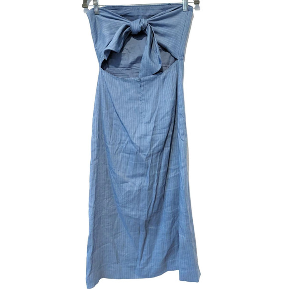 Theory Phyly Blue Strapless Pinstriped Dress Linen Tie Back - Picture 5 of 7